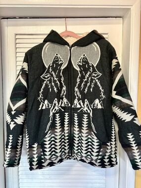 Unisex Graphic Wolf Hooded Zip Sweater